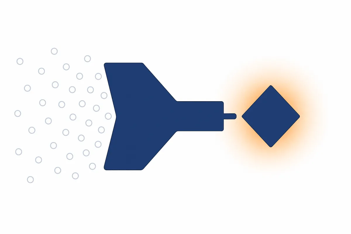 A scatter of unqualified prospects drawn through a funnel and emerging as one committed client